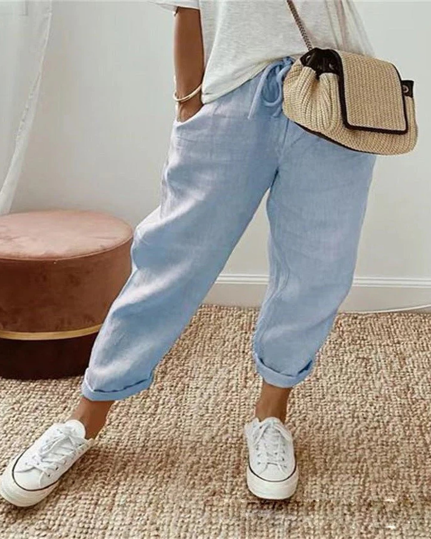 Amelie Dames Broek | Elastische Tailleband | Gerolde Zoom
