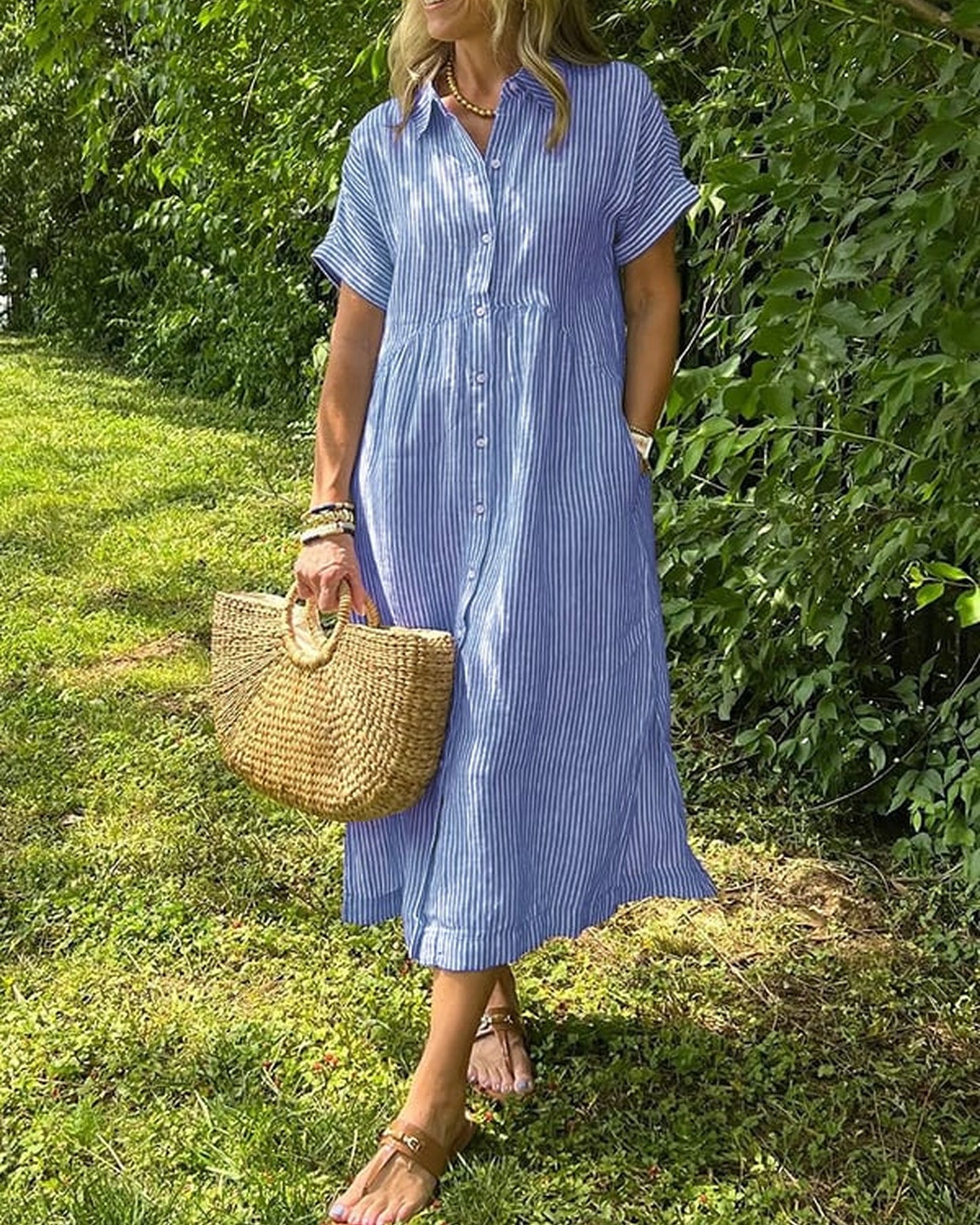 Annemie Dames Maxi Jurk | Streep & Knoopsluiting | Korte Mouwen