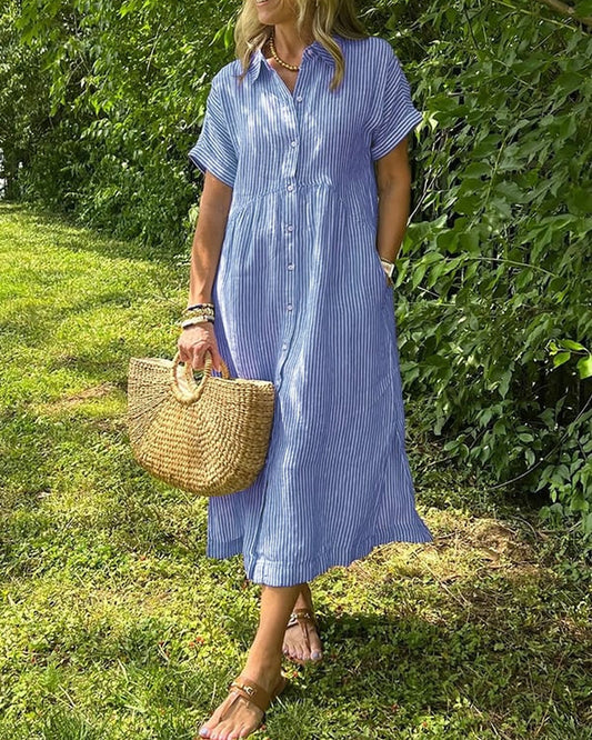 Annemie Women's Maxi Dress | Stripe & Button-fastening | Short Sleeves