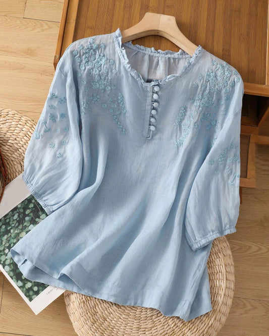 Alphonsine Dames Top | Geborduurd Detail | Knoopjes Halslijn