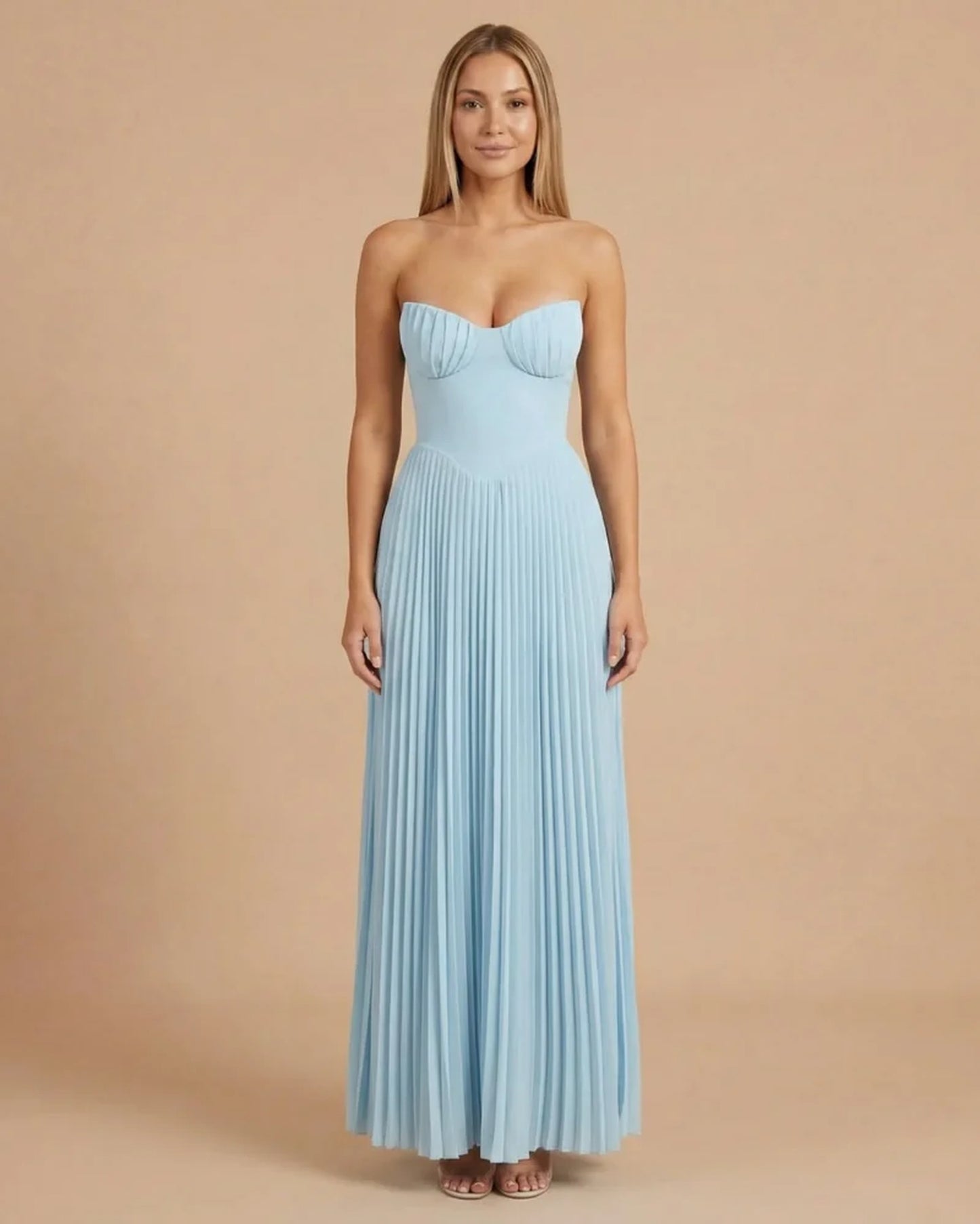 Michelle Dames Maxi Dress | Strapless Bustier | Pleated Skirt