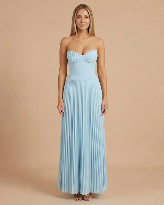 Michelle Dames Maxi Dress | Strapless Bustier | Pleated Skirt
