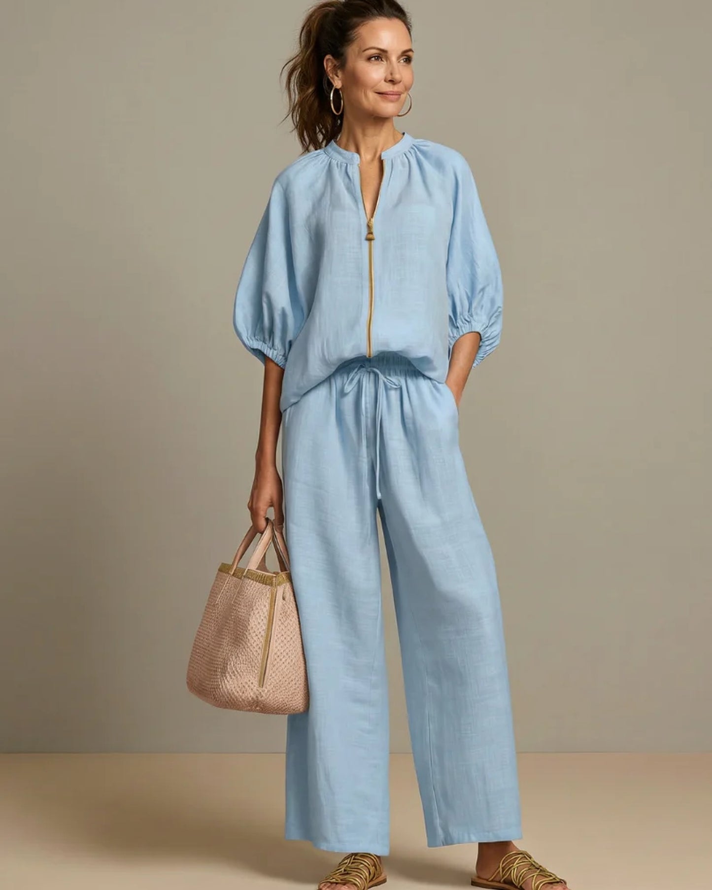 Andréa Dames Co-ord Set | Ballonmouwen | Ritssluiting Voorkant