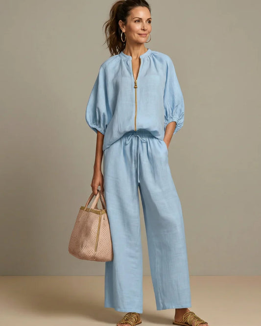 Andréa Dames Co-ord Set | Ballonmouwen | Ritssluiting Voorkant
