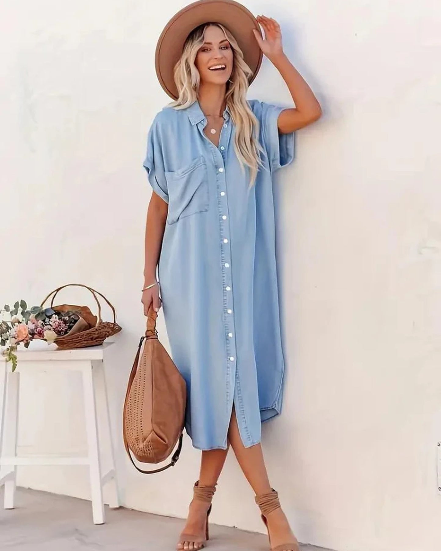 Avoie Ladies Midi Dress | Button-Through Design | Short Sleeves