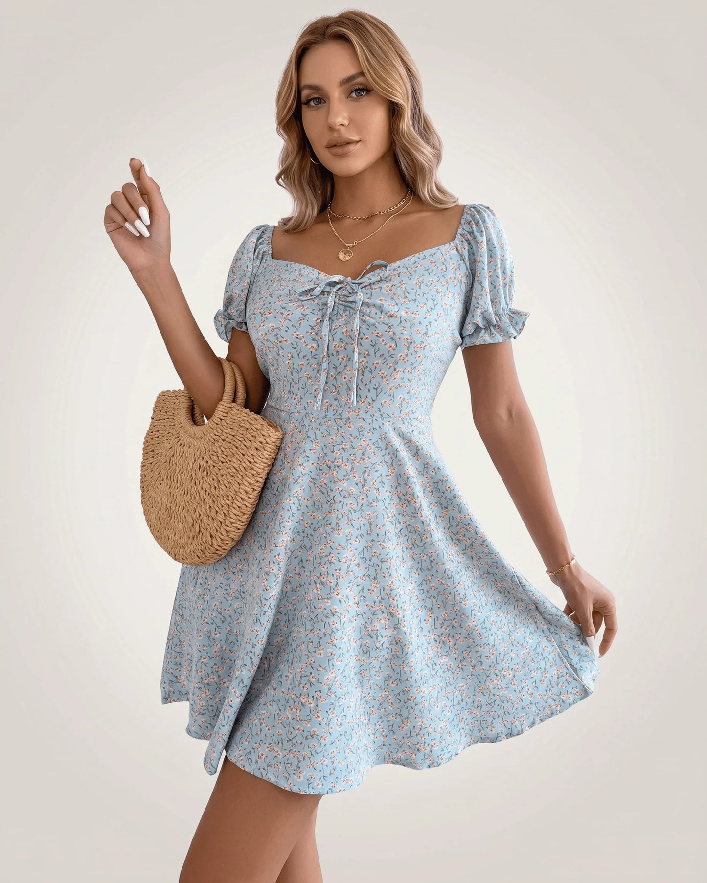 Lou Women's Mini Dress | Front Bow Detail | Puff Sleeves