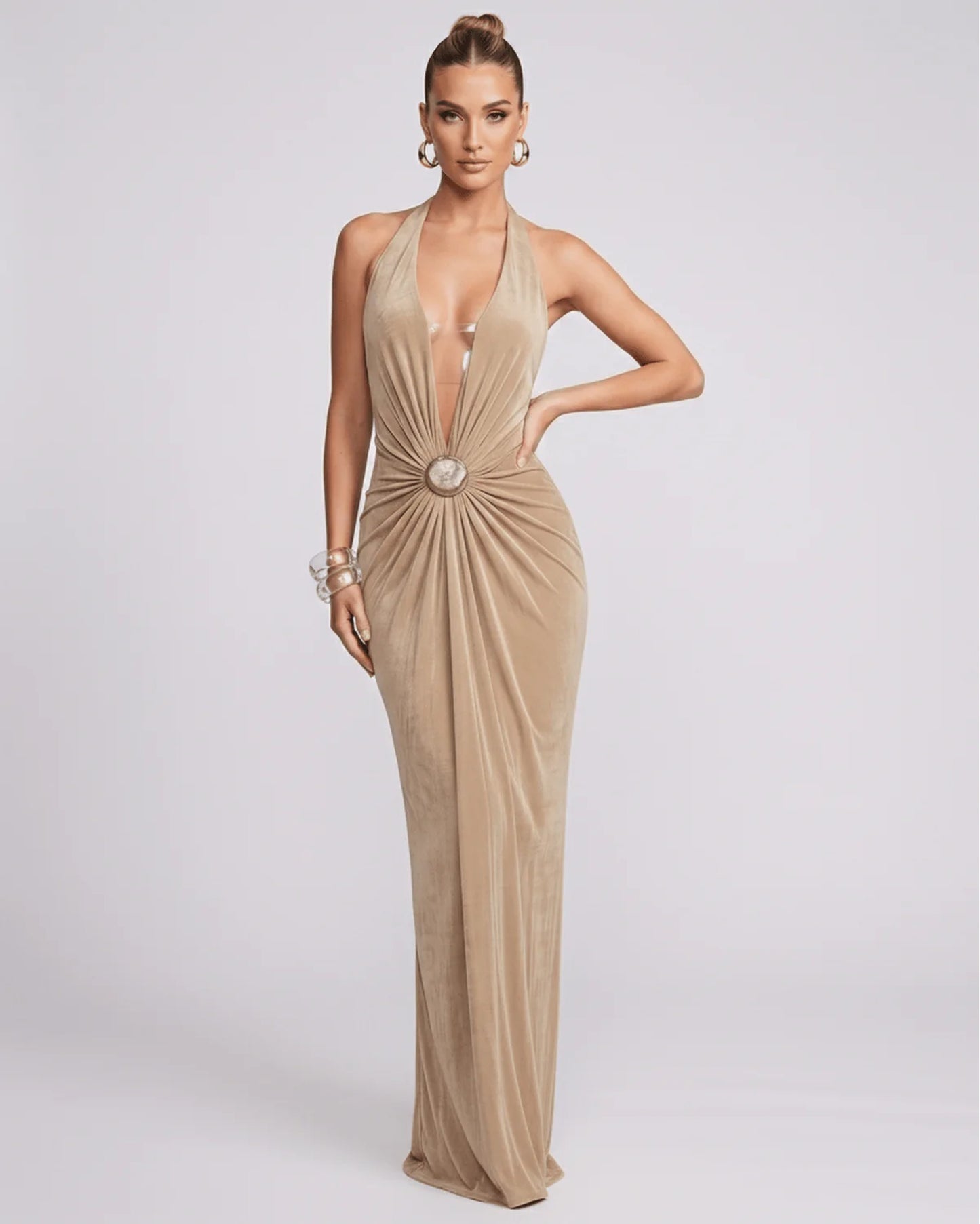 Mathilda Women's Maxi Dress | Deep Halter V-Neck | Draped Waist Brooch