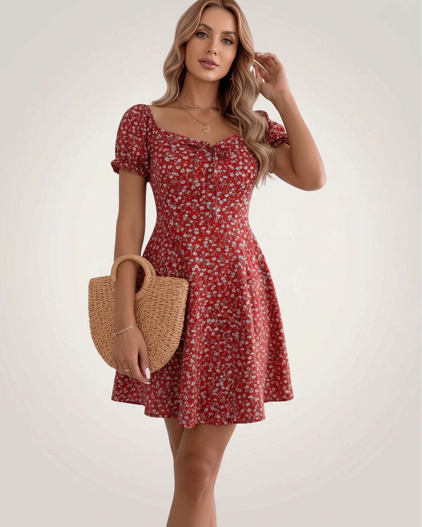 Lou Women's Mini Dress | Front Bow Detail | Puff Sleeves