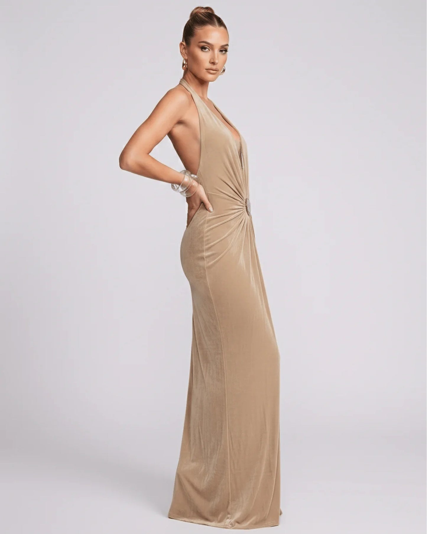Mathilda Women's Maxi Dress | Deep Halter V-Neck | Draped Waist Brooch
