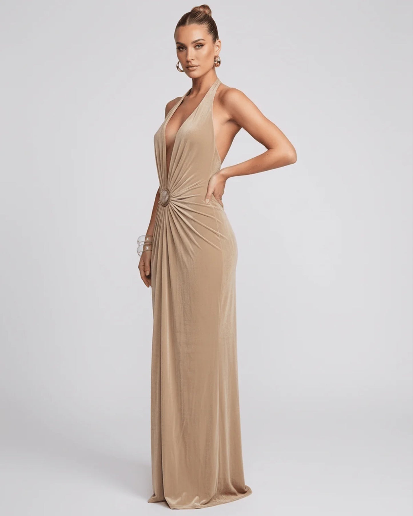 Mathilda Women's Maxi Dress | Deep Halter V-Neck | Draped Waist Brooch