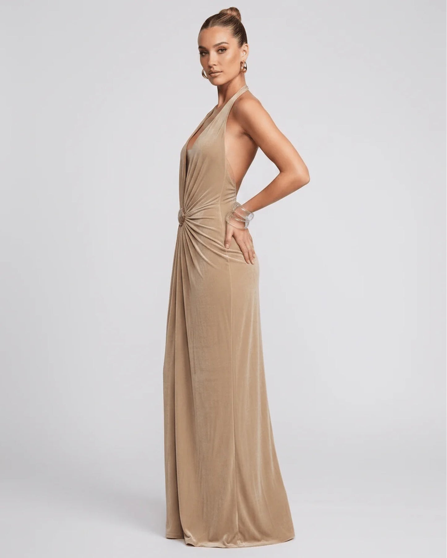 Mathilda Women's Maxi Dress | Deep Halter V-Neck | Draped Waist Brooch