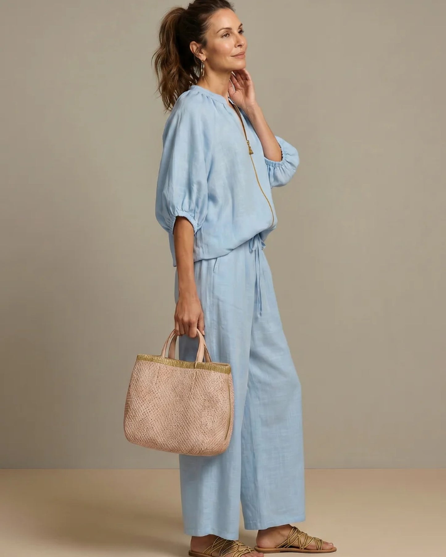 Andréa Dames Co-ord Set | Ballonmouwen | Ritssluiting Voorkant
