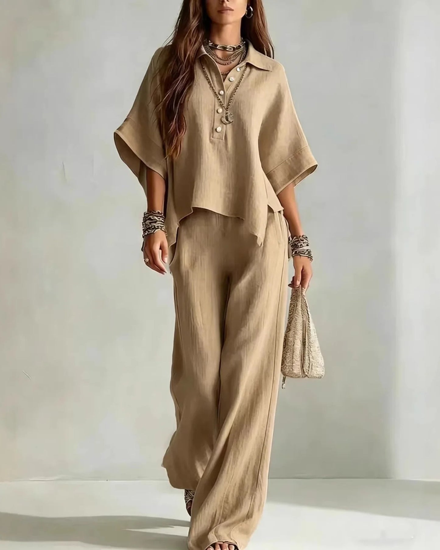 Isaline-Monette Dame Co-Ord Sæt | Oversized Bluse | Palazzo Bukser