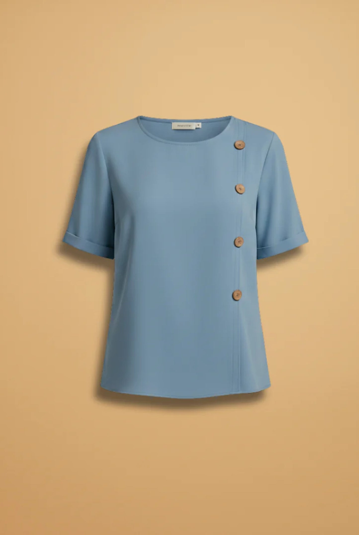 Elisa Dames T-Shirt | Decoratieve Knopenrij | Korte Mouwen