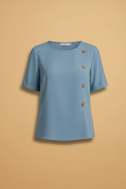 Elisa Dames T-Shirt | Decoratieve Knopenrij | Korte Mouwen