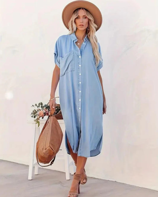 Avoie Dames Midi Jurk | Doorknoop Design | Korte Mouwen