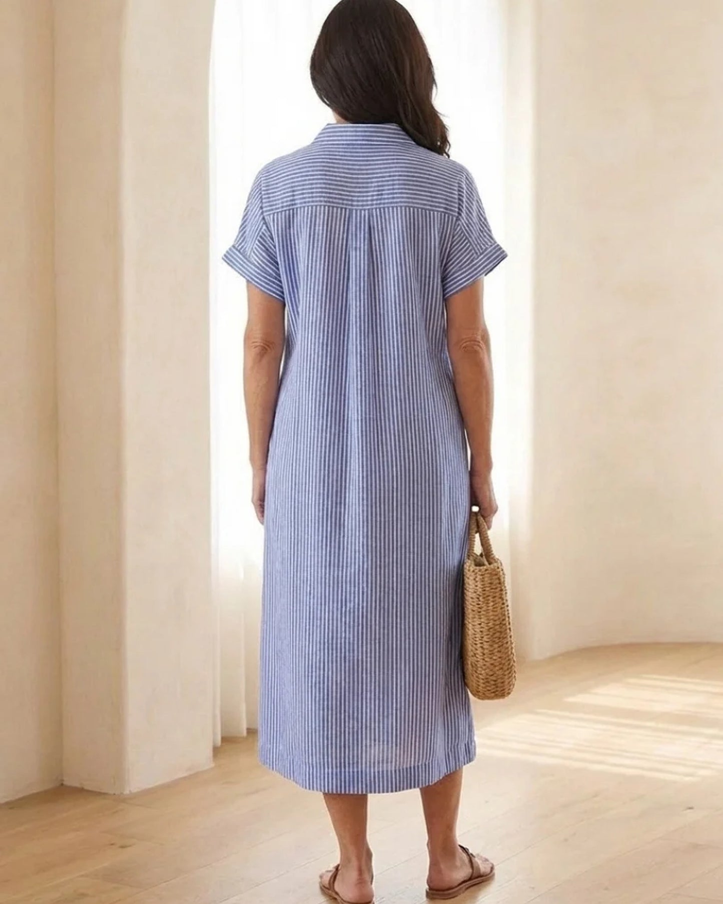Annamaria Dames Midi Jurk | Gestreepte Print | Hemdskraag