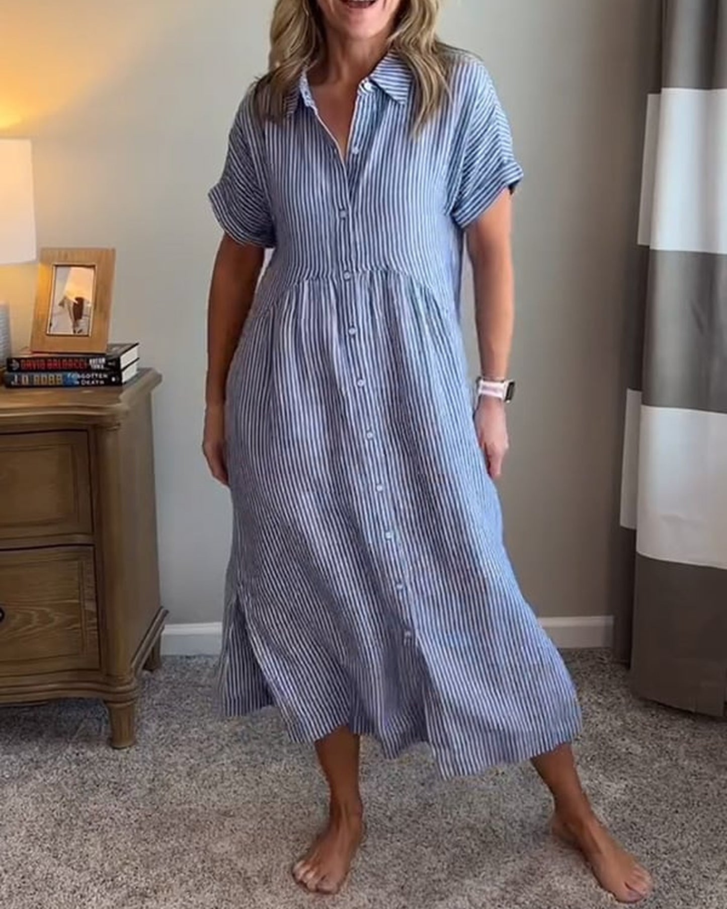 Annemie Dames Maxi Jurk | Streep & Knoopsluiting | Korte Mouwen