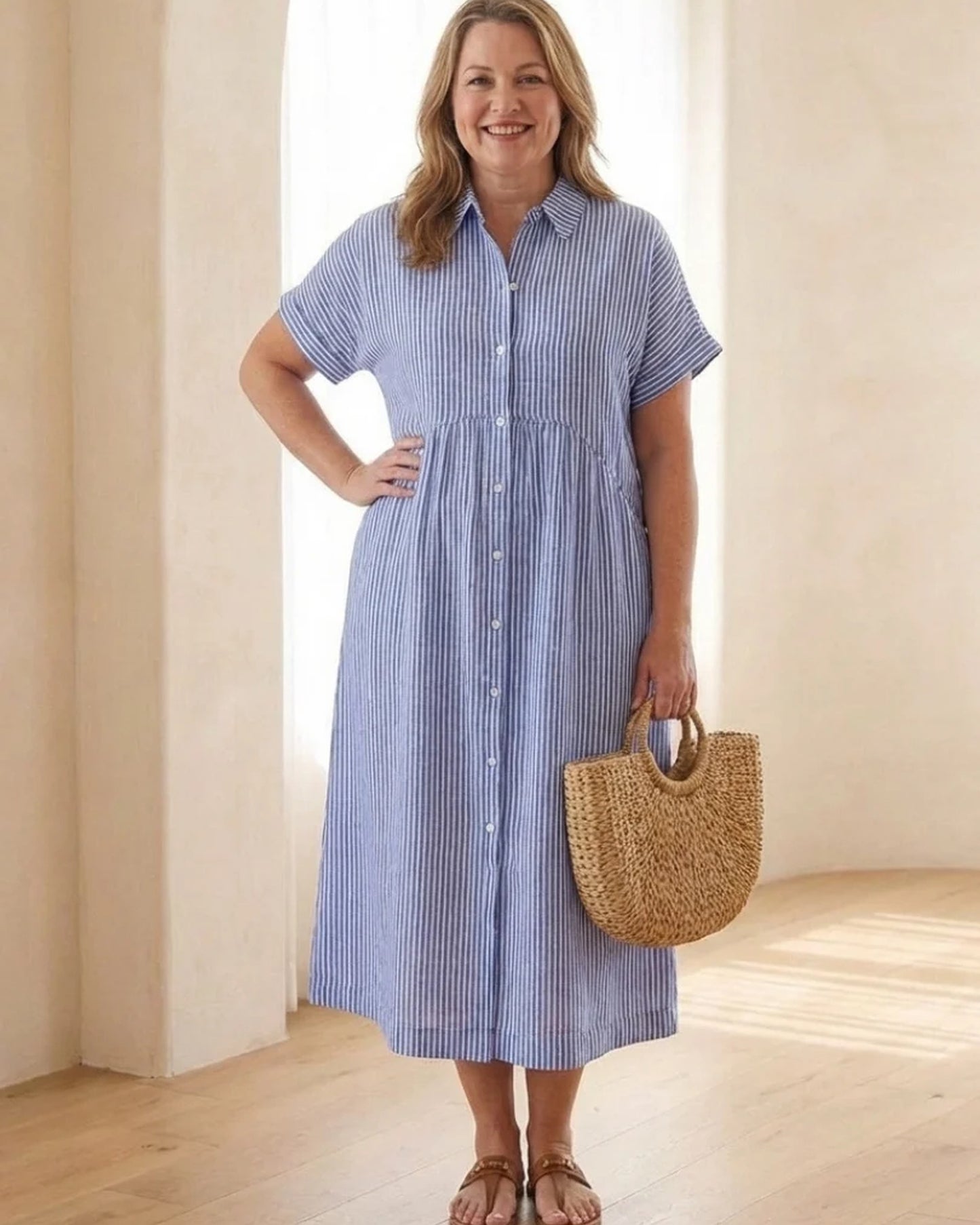 Annamaria Dames Midi Jurk | Gestreepte Print | Hemdskraag