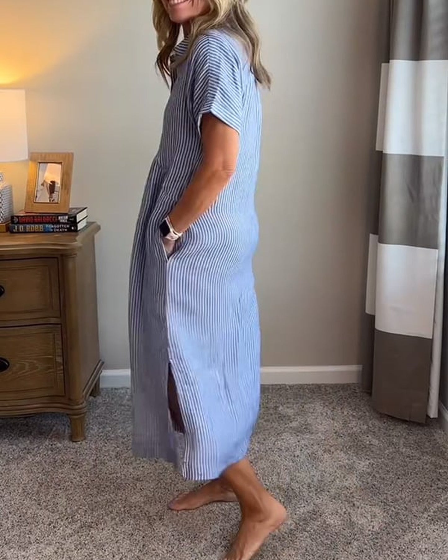 Annemie Dames Maxi Jurk | Streep & Knoopsluiting | Korte Mouwen