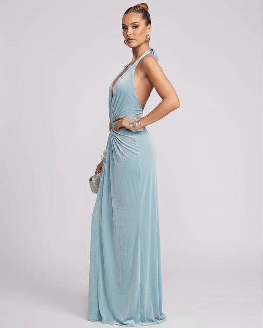 Mathilda Women's Maxi Dress | Deep Halter V-Neck | Draped Waist Brooch