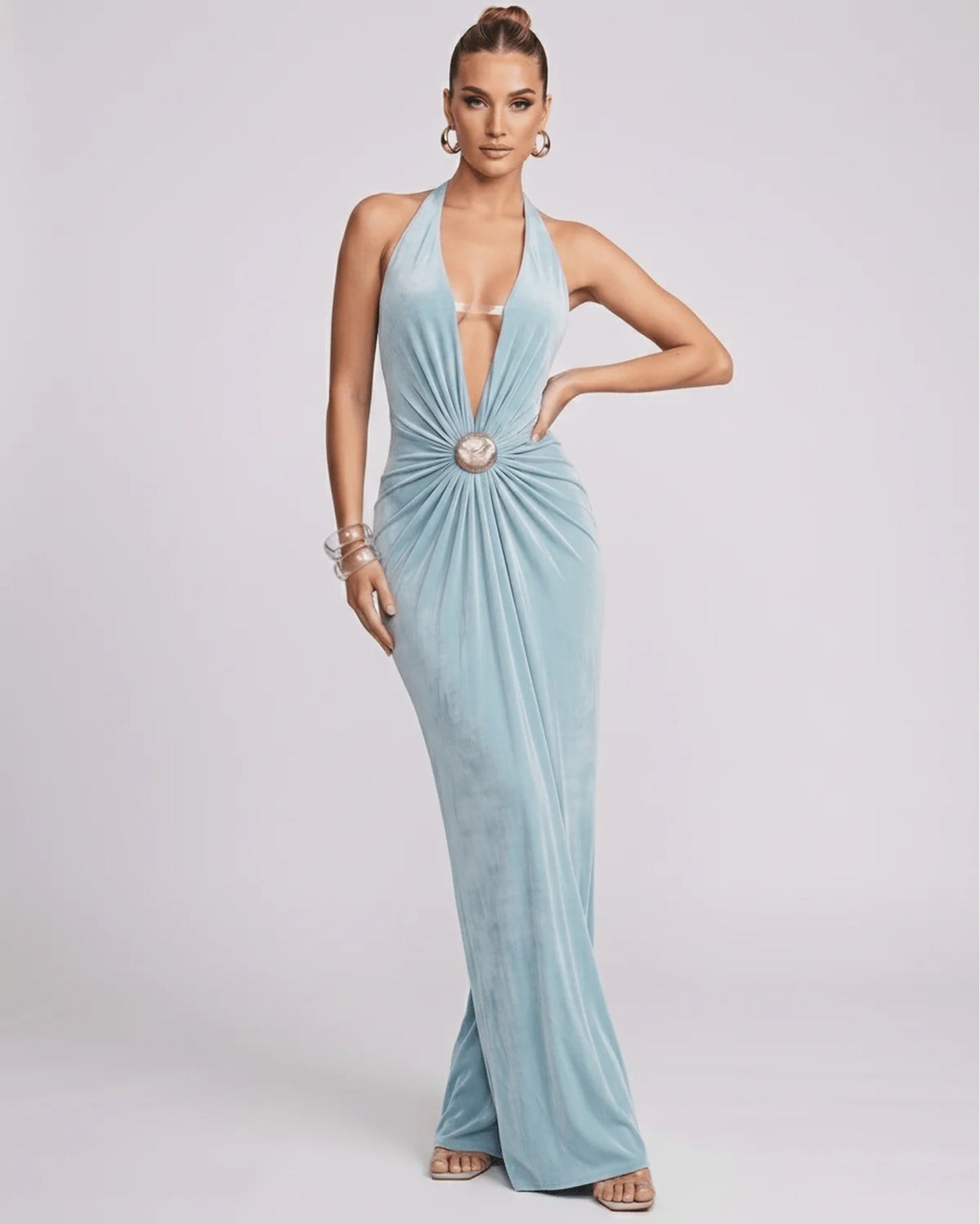 Mathilda Women's Maxi Dress | Deep Halter V-Neck | Draped Waist Brooch