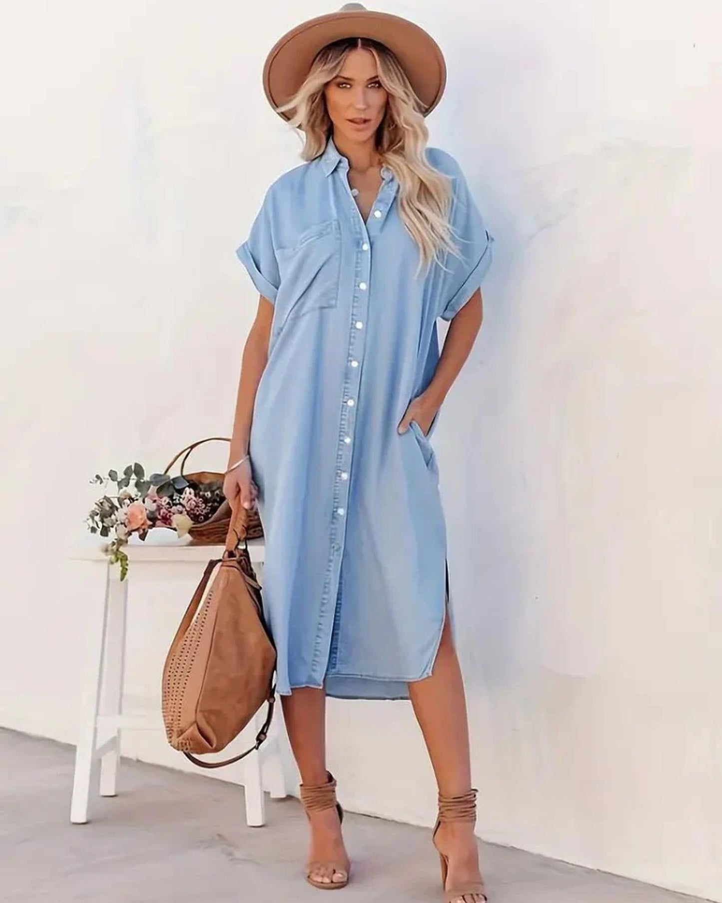 Avoie Ladies Midi Dress | Button-Through Design | Short Sleeves