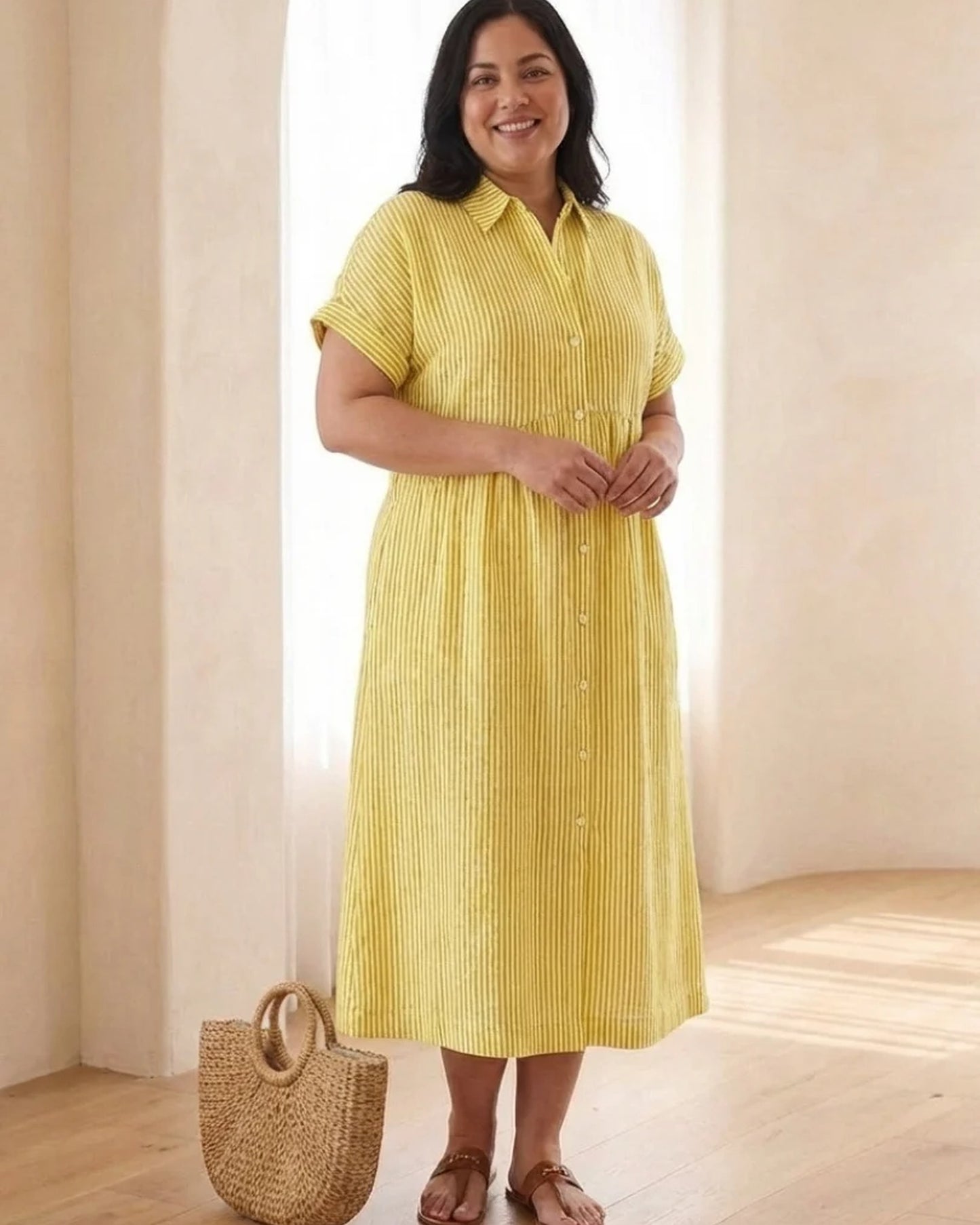 Annamaria Dames Midi Jurk | Gestreepte Print | Hemdskraag