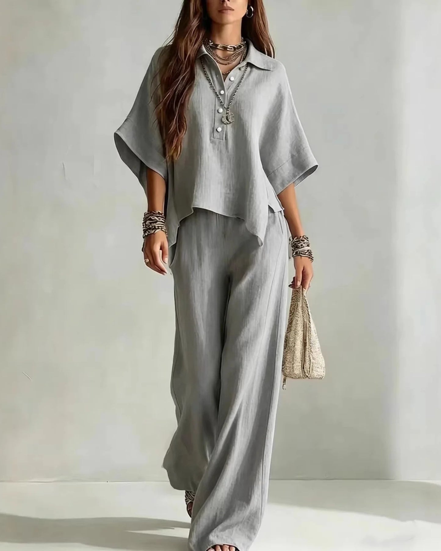 Isaline-Monette Dame Co-Ord Sæt | Oversized Bluse | Palazzo Bukser