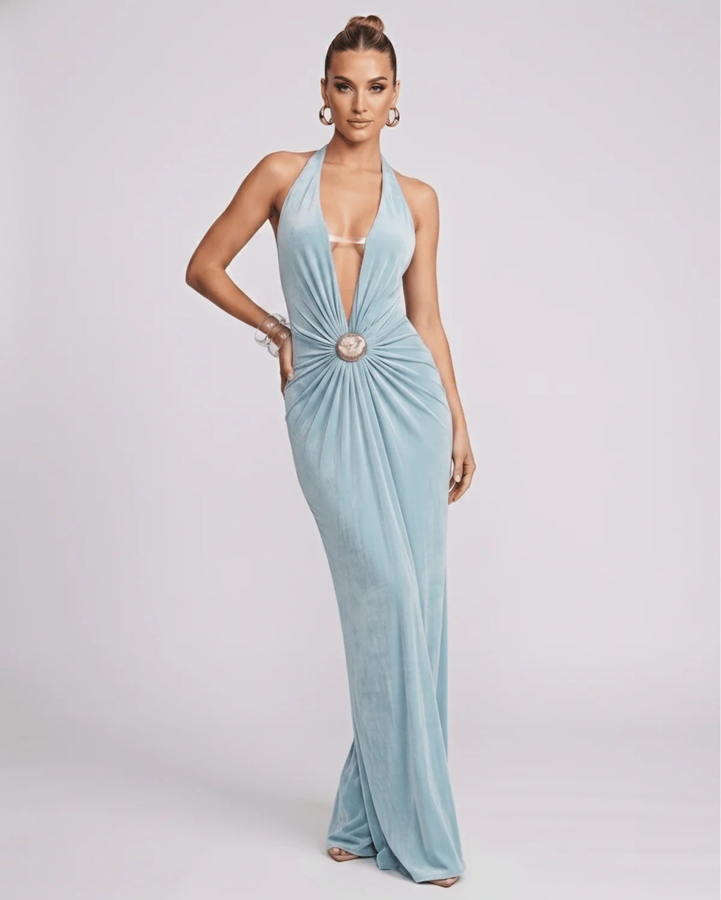 Mathilda Women's Maxi Dress | Deep Halter V-Neck | Draped Waist Brooch