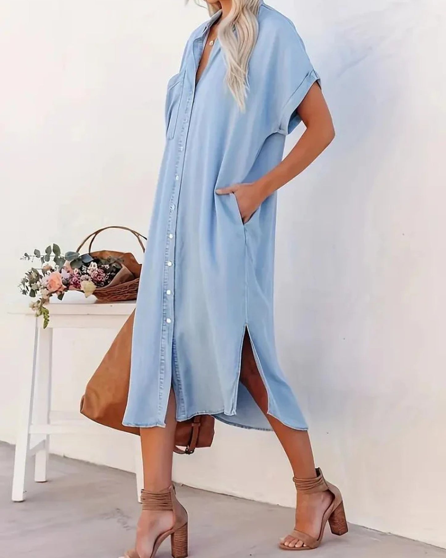 Avoie Ladies Midi Dress | Button-Through Design | Short Sleeves