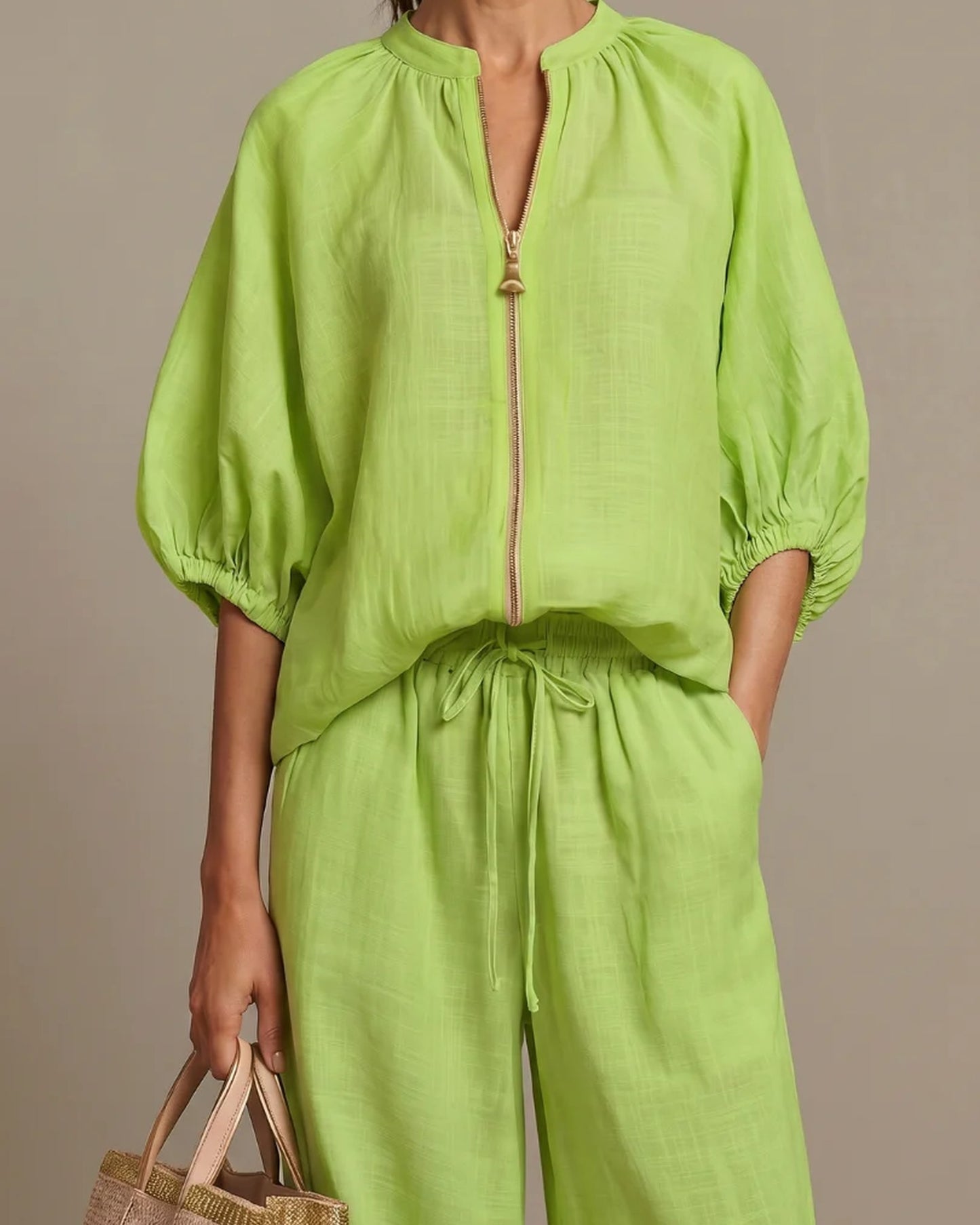 Andréa Dames Co-ord Set | Ballonmouwen | Ritssluiting Voorkant