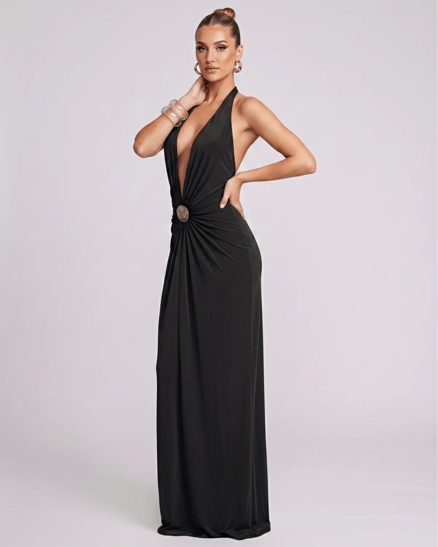 Mathilda Women's Maxi Dress | Deep Halter V-Neck | Draped Waist Brooch