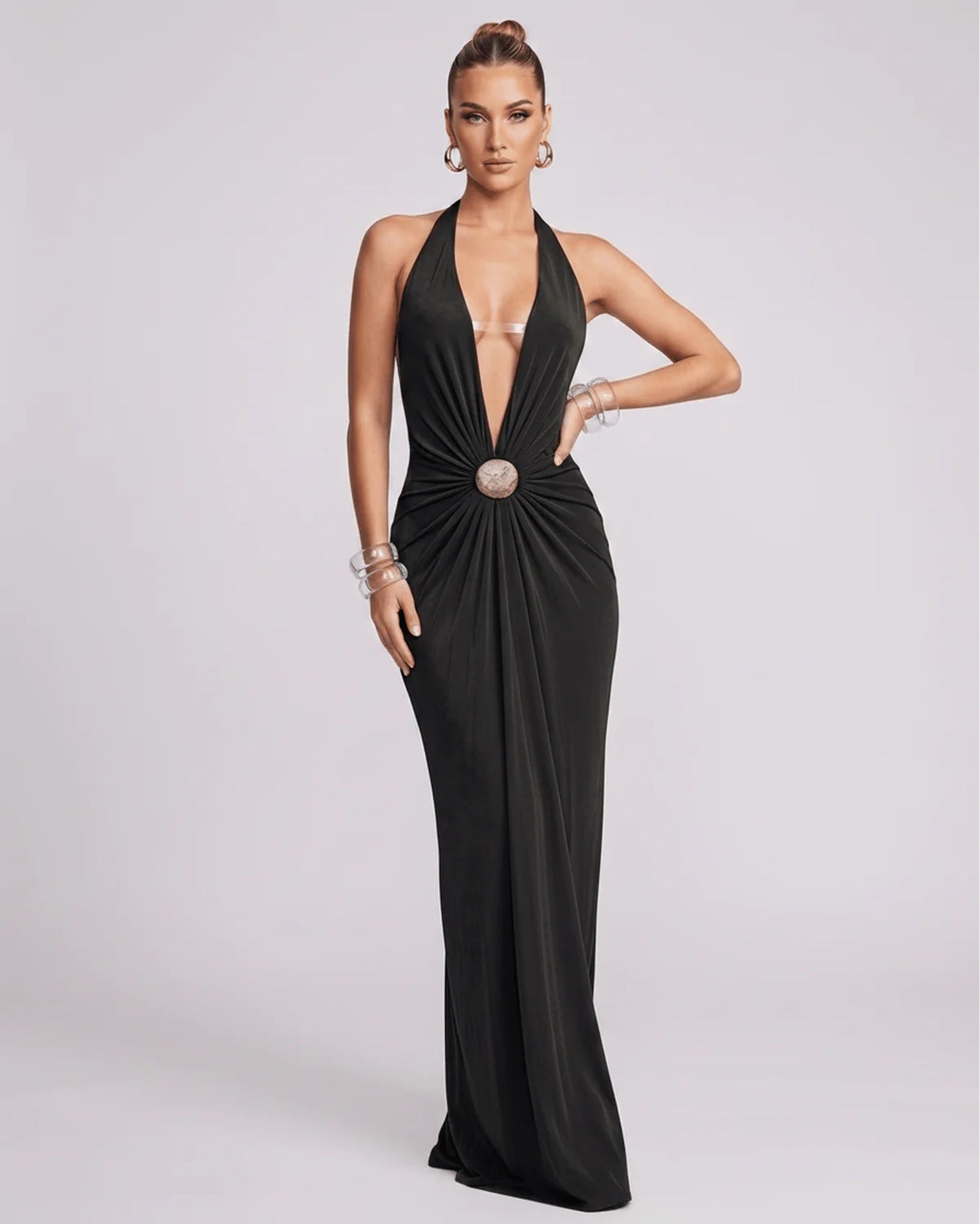 Mathilda Women's Maxi Dress | Deep Halter V-Neck | Draped Waist Brooch