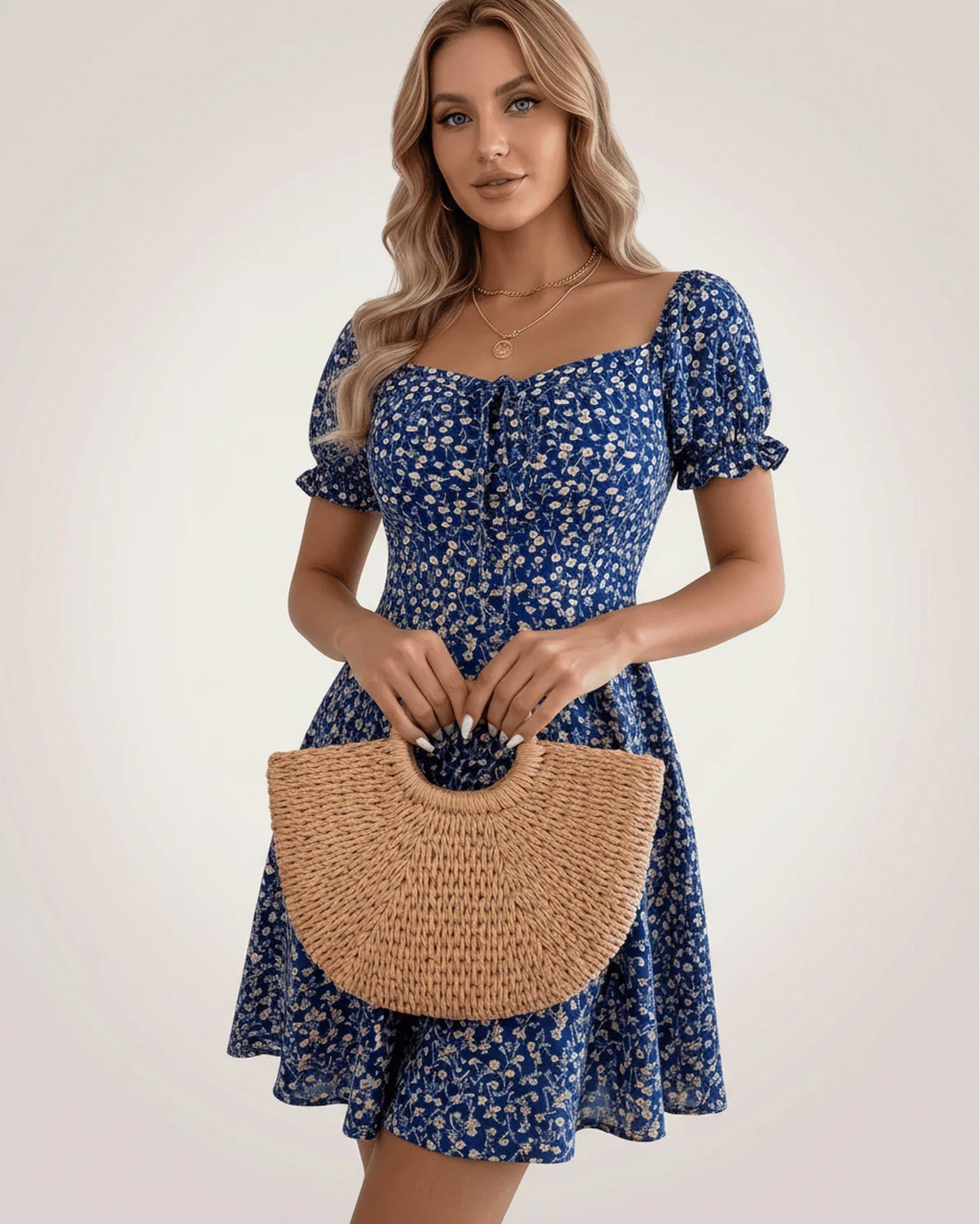 Lou Women's Mini Dress | Front Bow Detail | Puff Sleeves