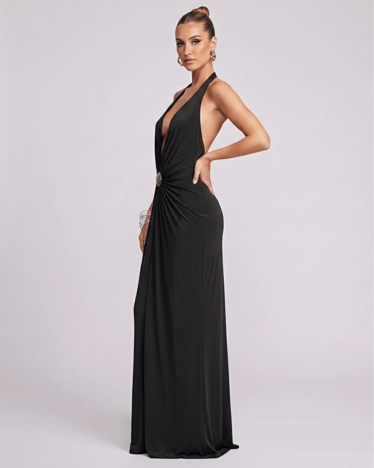 Mathilda Women's Maxi Dress | Deep Halter V-Neck | Draped Waist Brooch
