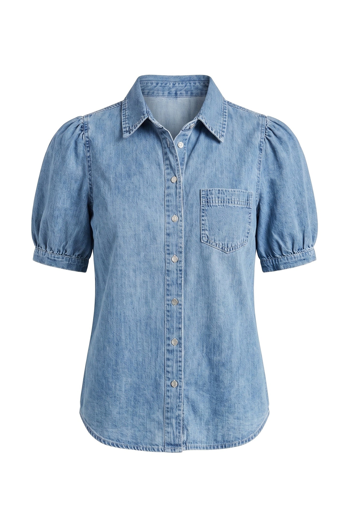 Guillonne damebluse i Denim | Ballonærmer | Klassisk Krave