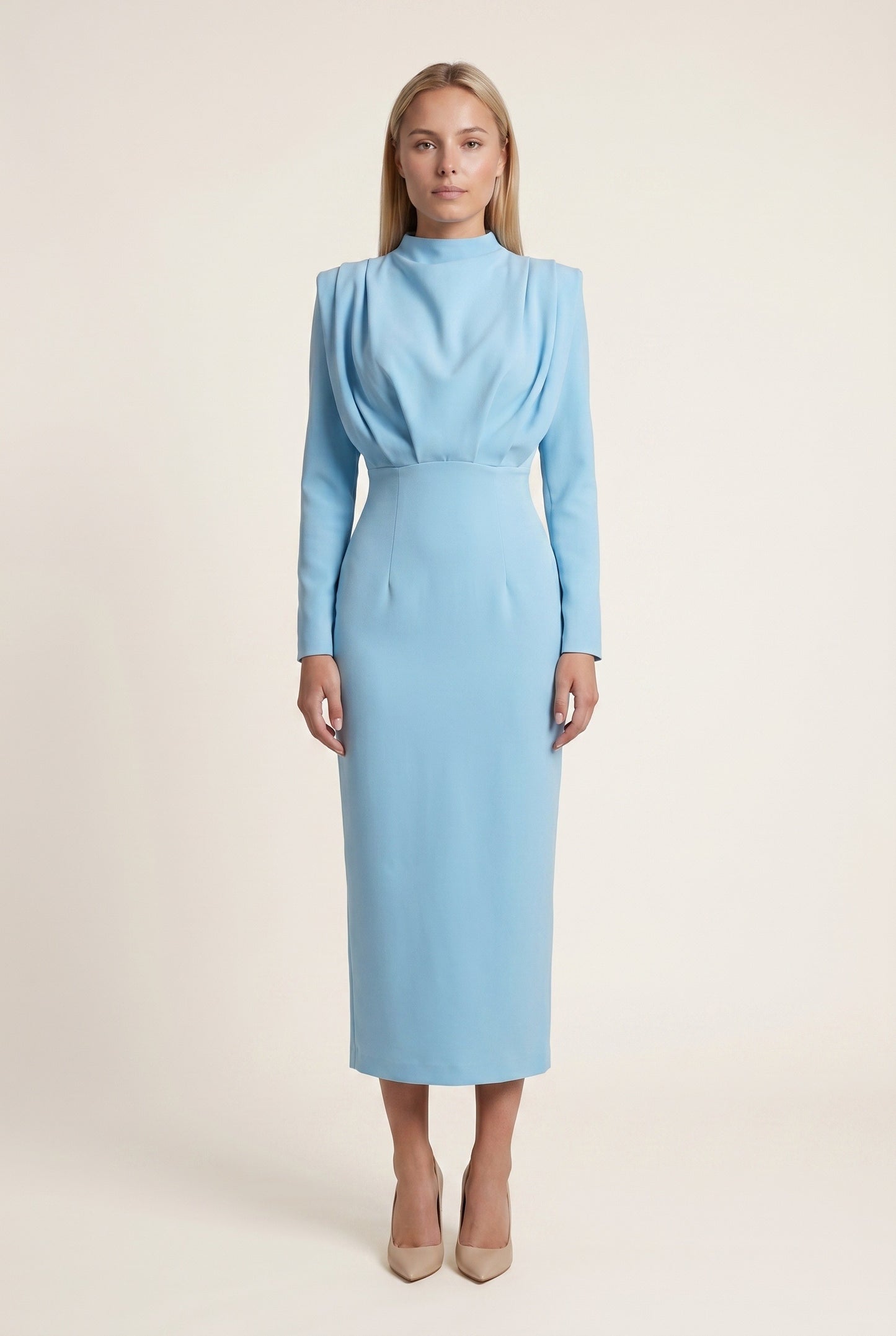 Norma Dames Midi Jurk | Hoge Hals | Gedrapeerd Design