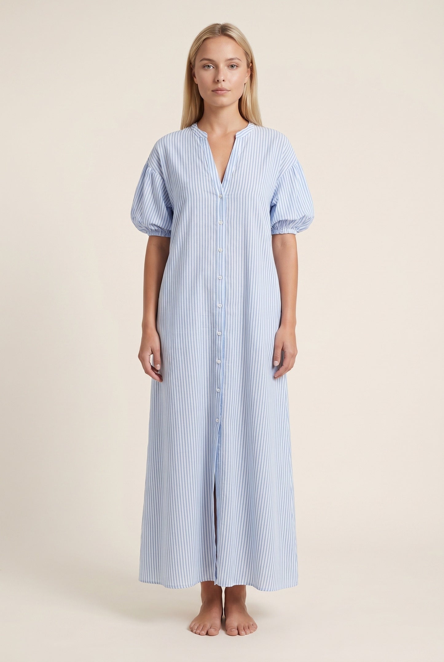 Éveline Dame Midi Kjole | Dyb V-Hals | Vertikal Stribetprint