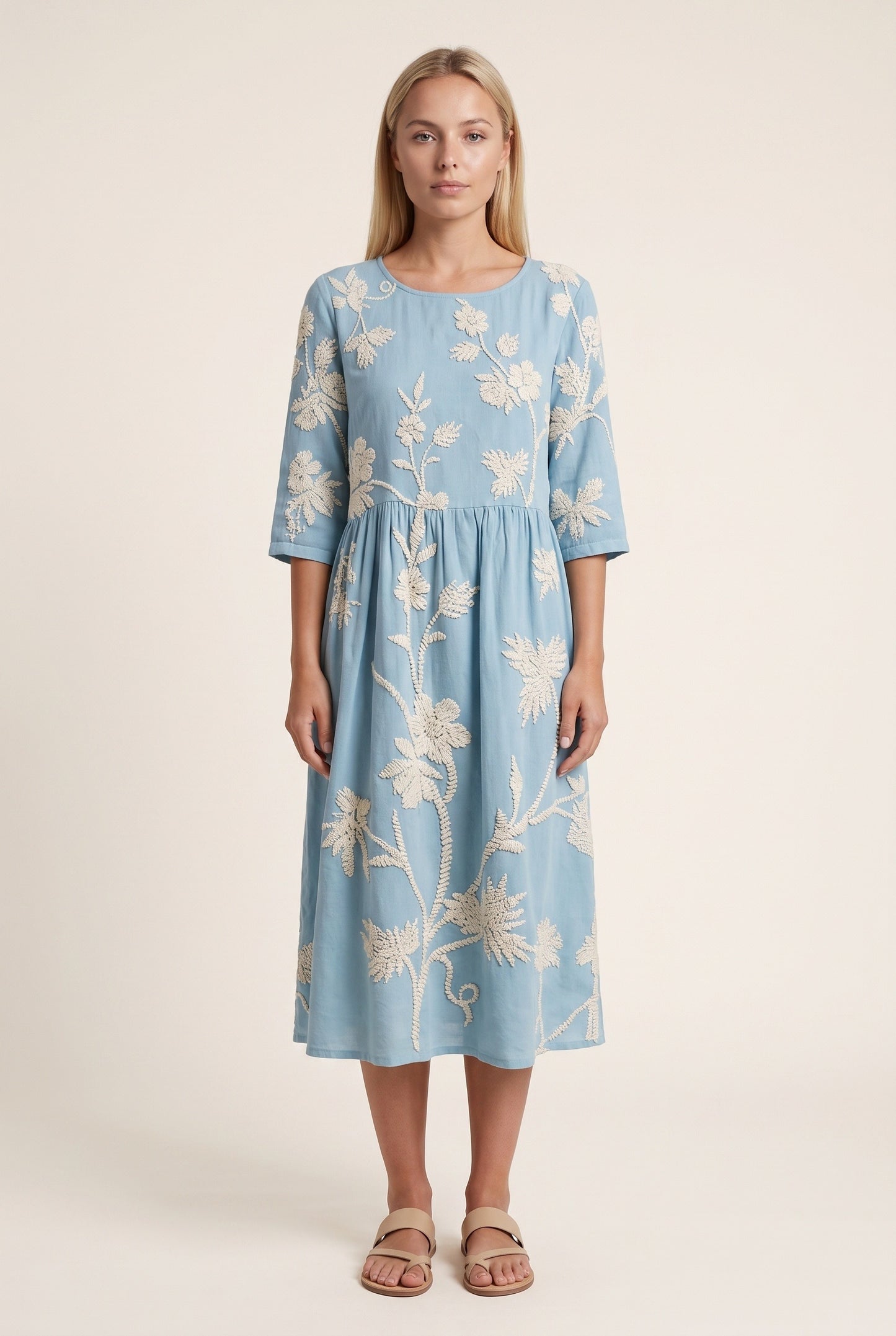 Morgane Dames Midi Jurk | Geborduurd Bloemenpatroon | Driekwart Mouwen
