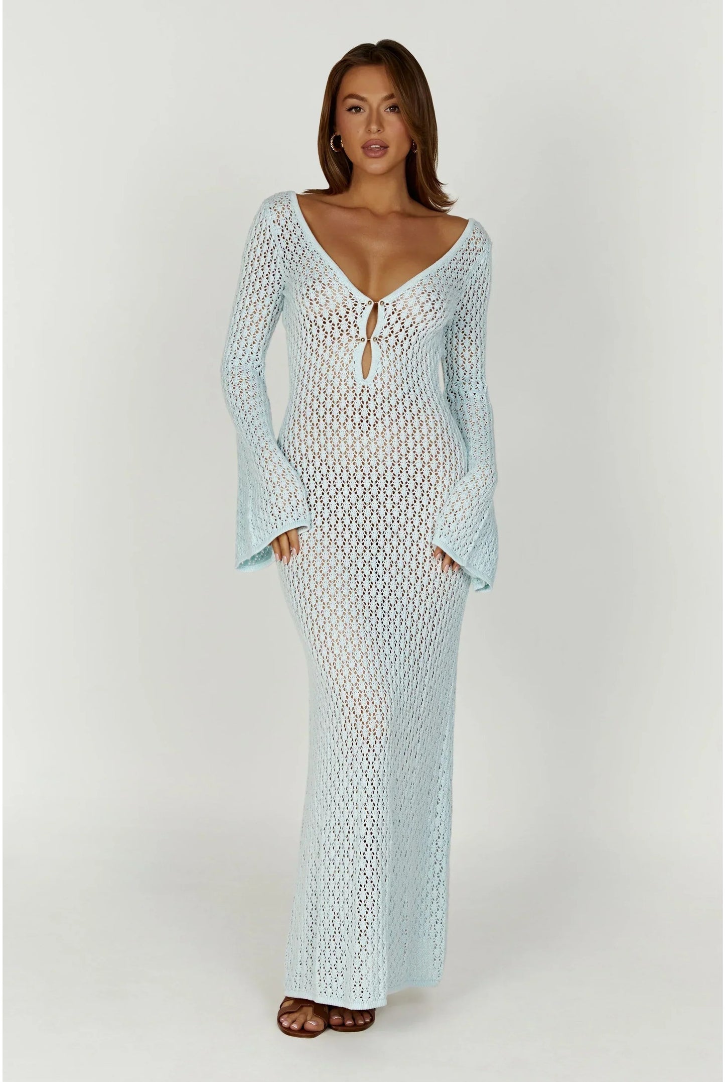 Eloïse Women's Maxi Dress | Crocheted Mesh with Wide Sleeves | Deep V-neck with Tie Detail