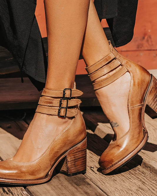Bonne Dames Sandalen | Gesp Bandjes Enkel | Blokhak Hout Effect