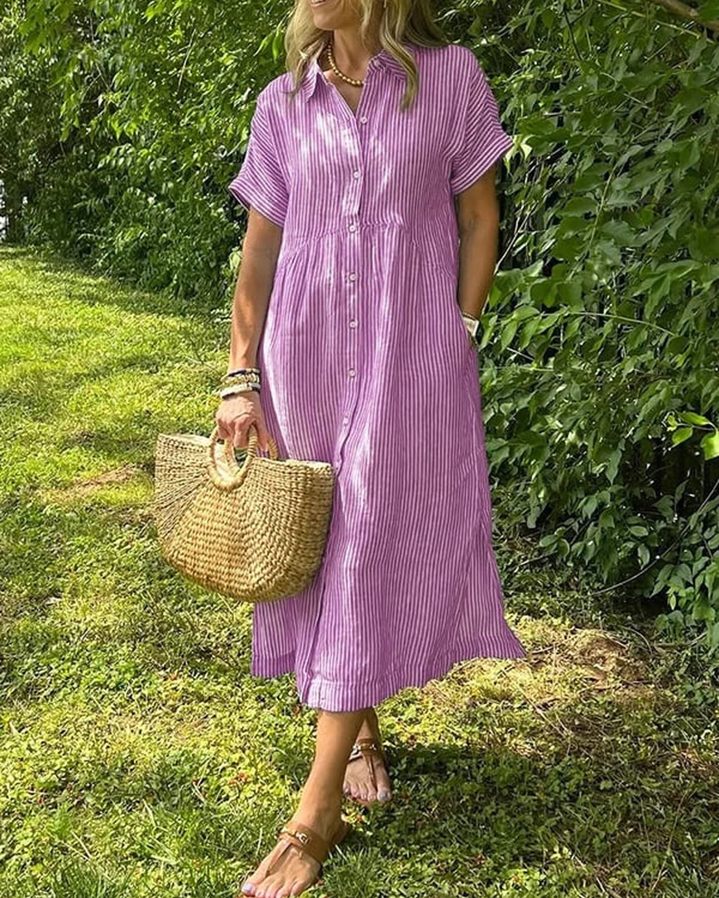 Annemie Dames Maxi Jurk | Streep & Knoopsluiting | Korte Mouwen