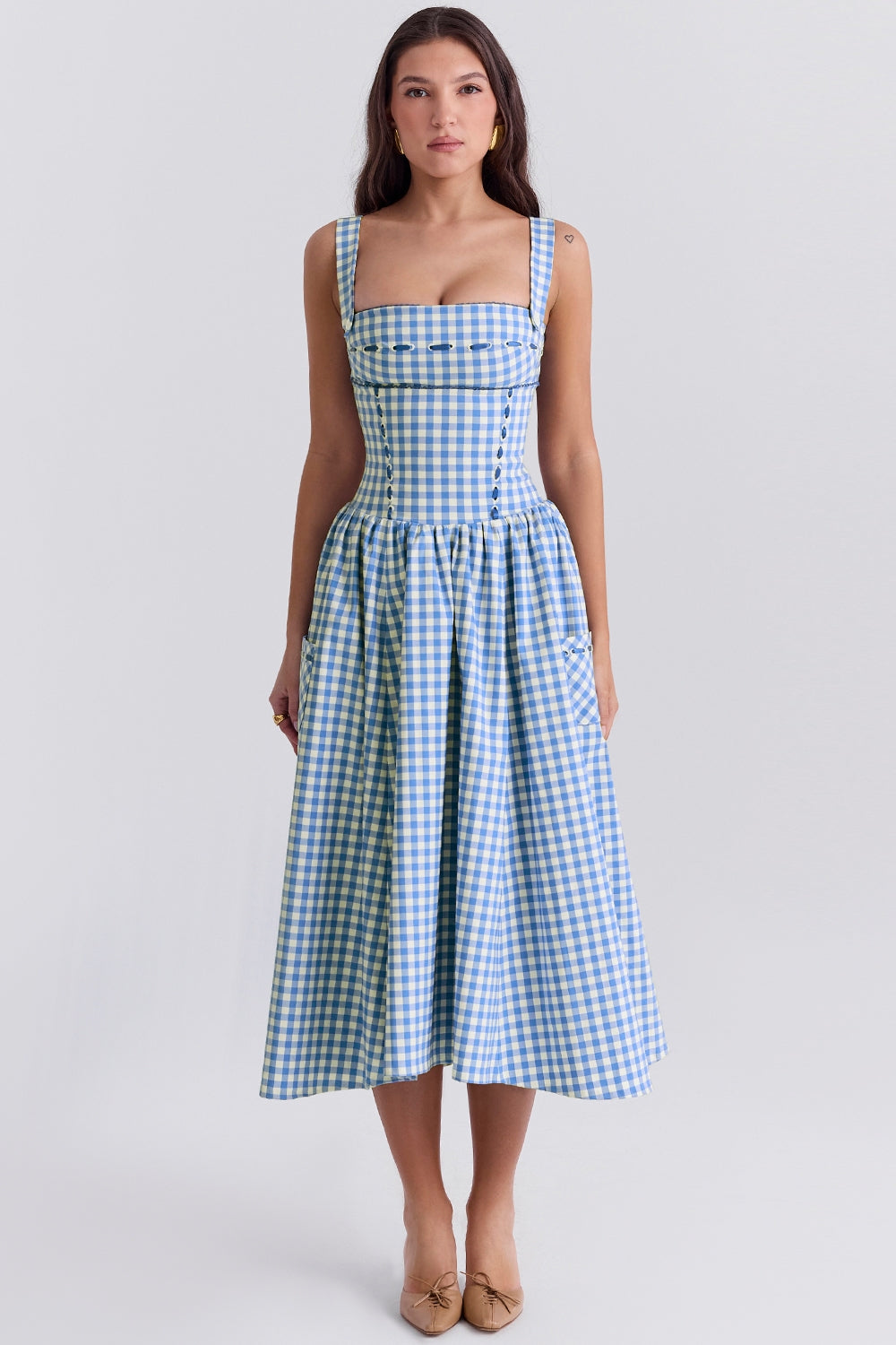Livia Damesjurk | Gingham Patroon met Rimpeldetail en Verborgen Zakken 0