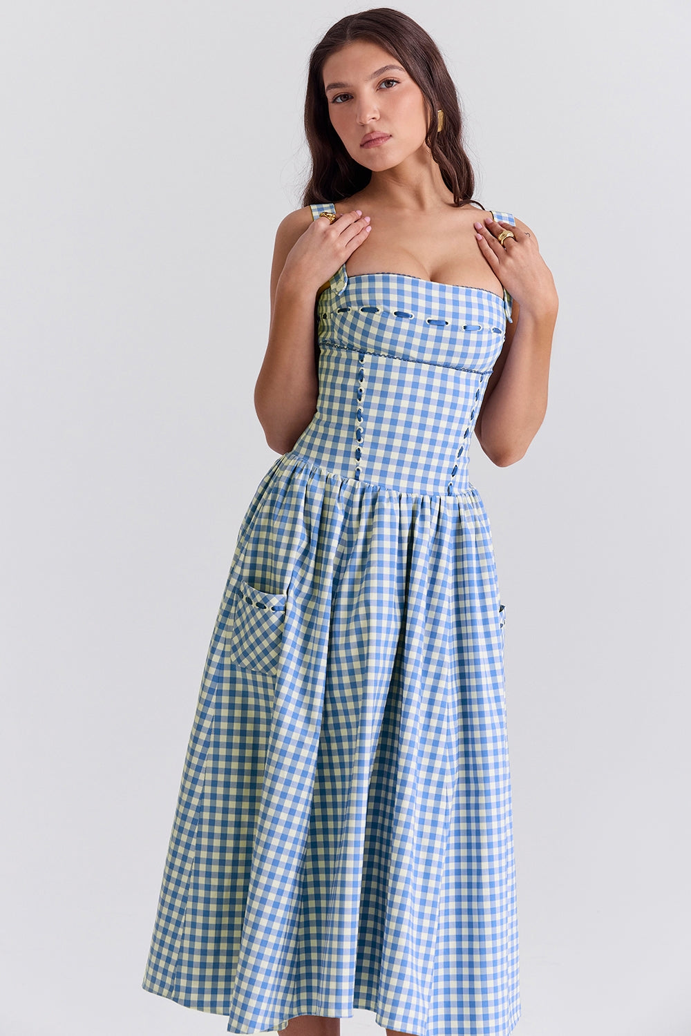 Livia Damesjurk | Gingham Patroon met Rimpeldetail en Verborgen Zakken 3