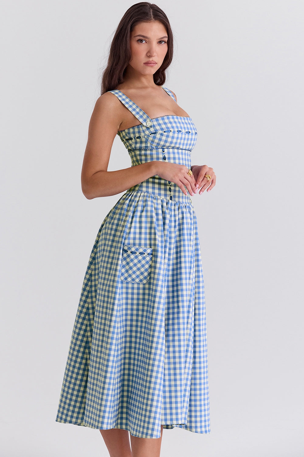 Livia Damesjurk | Gingham Patroon met Rimpeldetail en Verborgen Zakken 6
