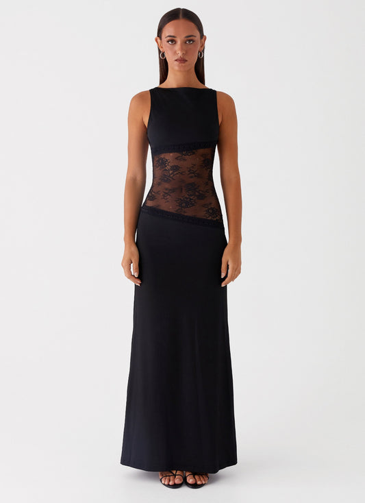 Noelia Zwarte Lange Jurk | Elegante Maxi Jurk met Open Rug en Kanten Details 2