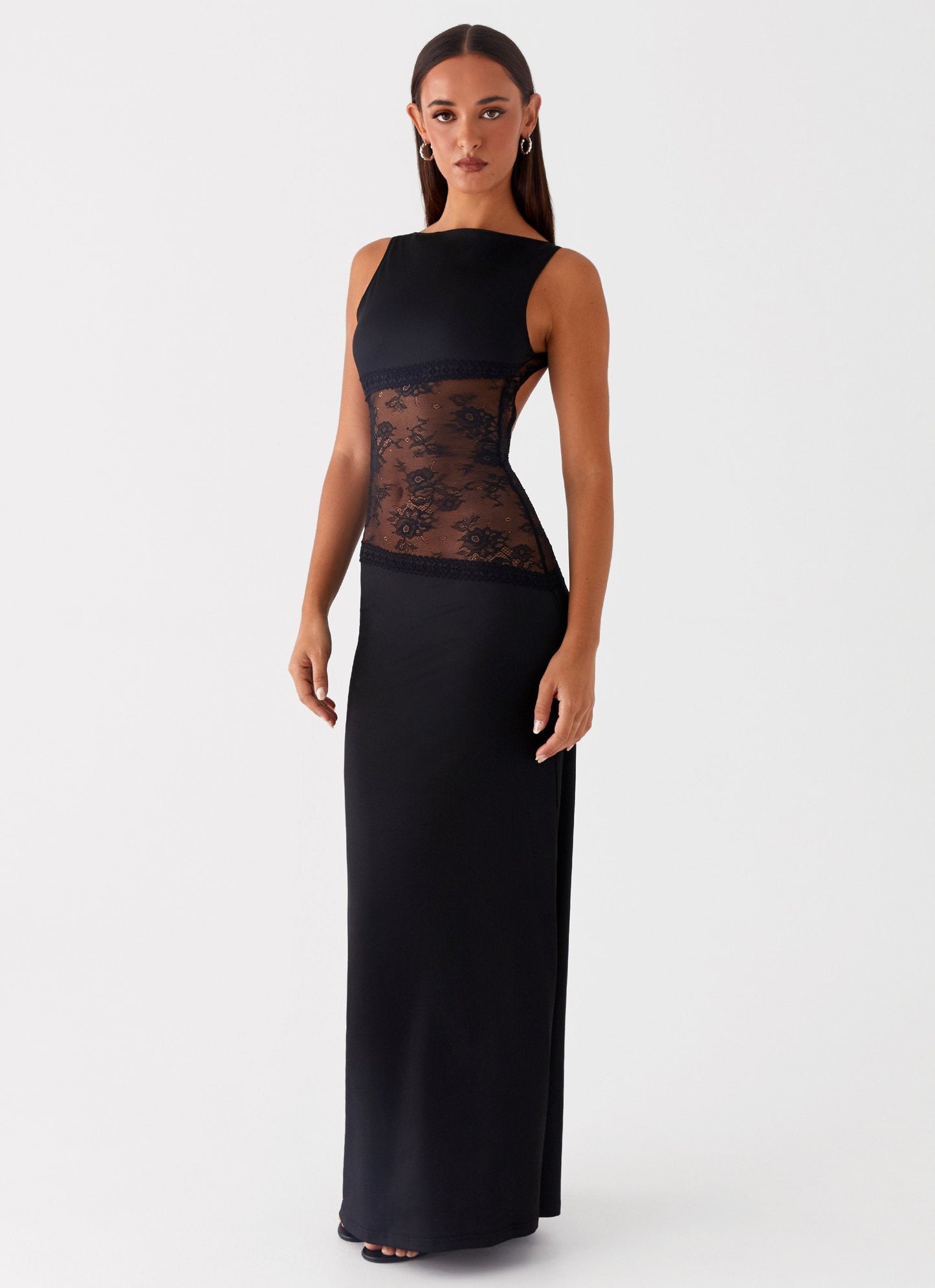 Noelia Zwarte Lange Jurk | Elegante Maxi Jurk met Open Rug en Kanten Details 3