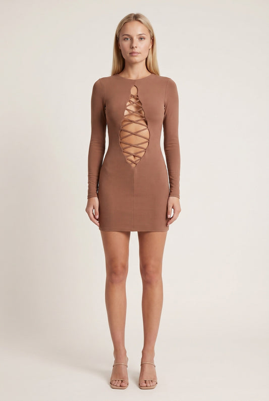 Malika Women's Mini Dress | Criss-cross Lace Detail | Long Sleeves