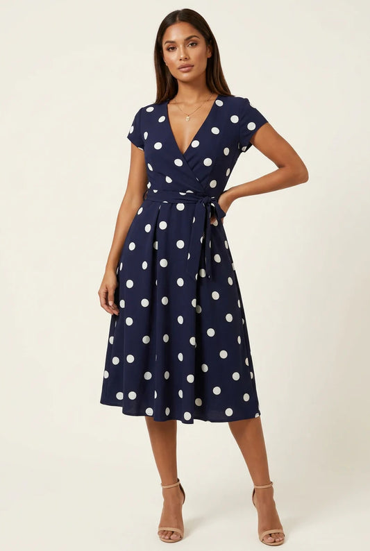 Fantine Dames Midi Jurk, Polkadot, V-Hals Wikkeldesign in Marineblauw – productfoto